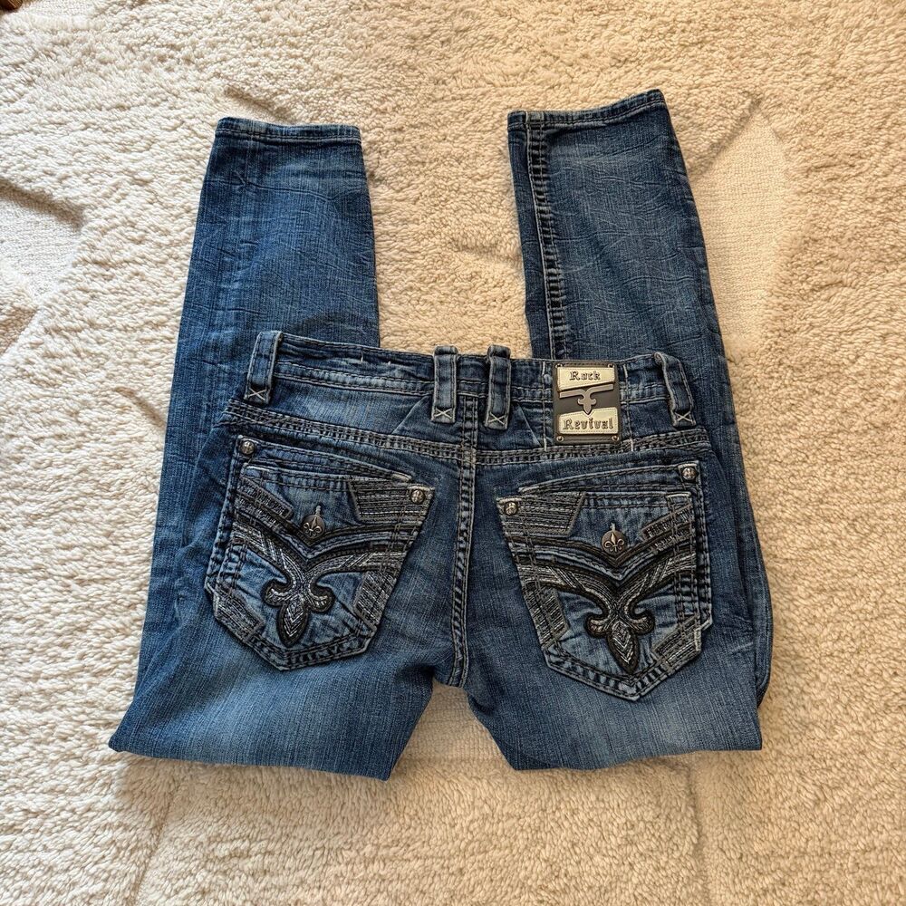 Rock Revival Trellis Jeans 33 Slim Straight Fleur De Lis Y2K Grunge